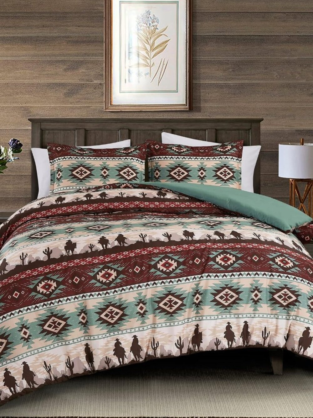 Audun 3-Piece Southwestern Cowboys Aztec Comforter Set - Multicolor Teal Brown B